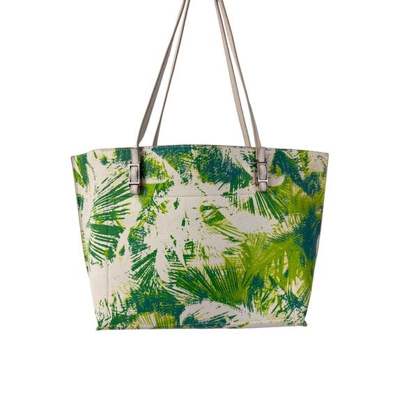 Calvin Klein Tote Green White Tropical Leaves Shoulder Bag Zipper Closure - Picture 2 of 7